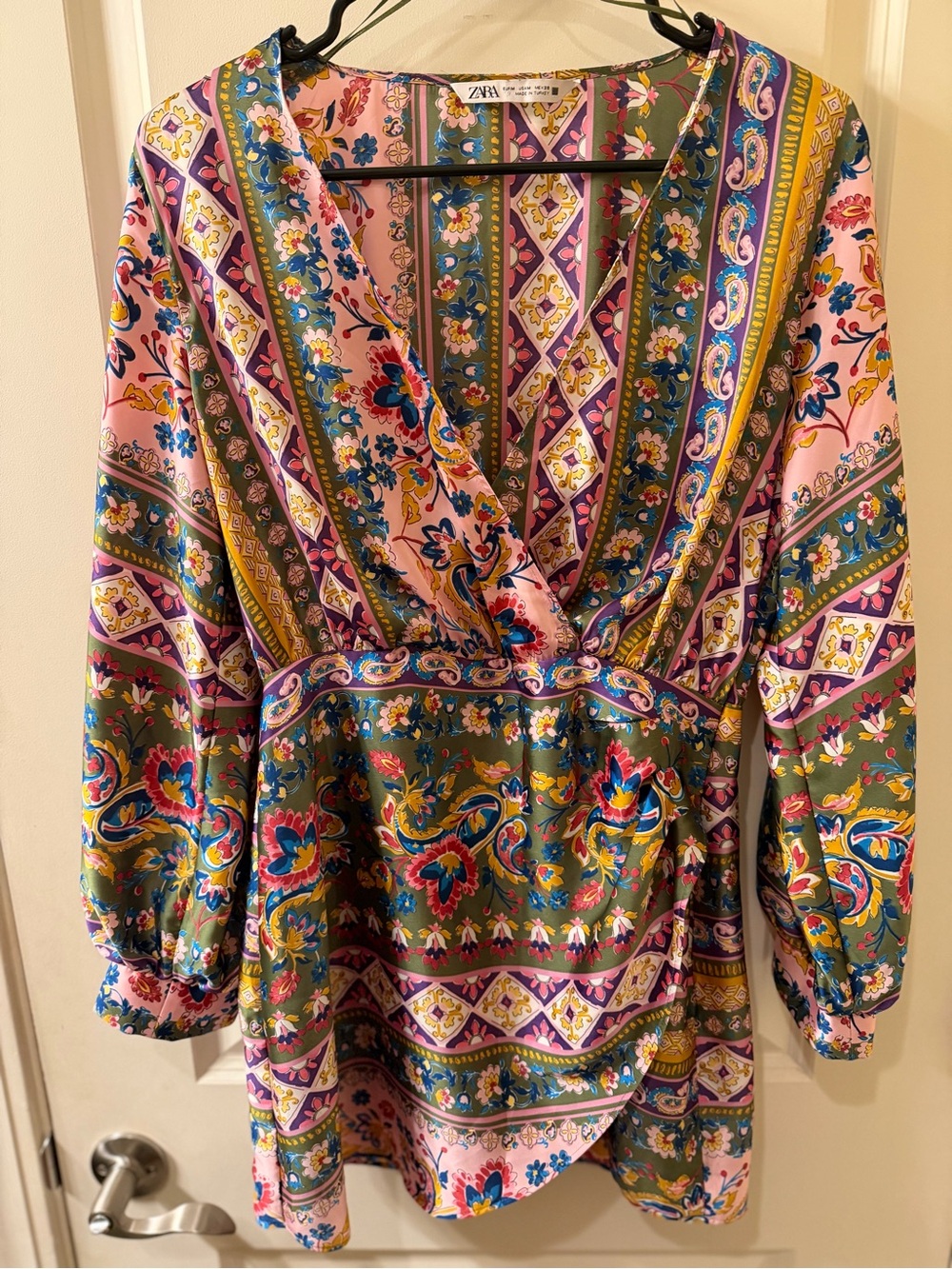 ZARA Pink Olive Green Floral Paisley Print V-Neck Tunic Blouse Top Size M